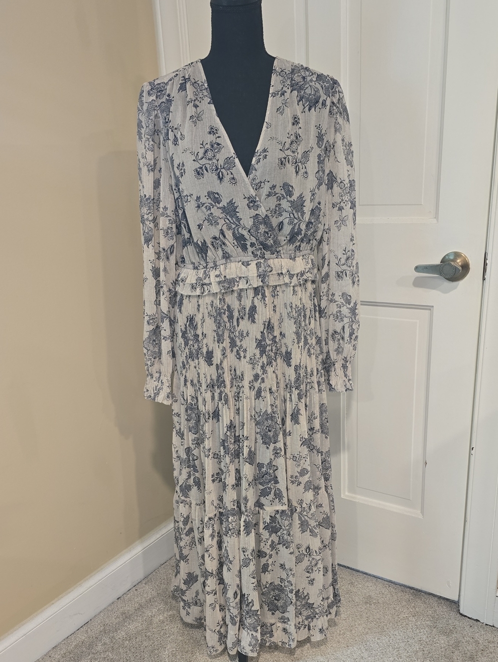 Current Air Long Sleeve Floral Wrap Maxi Dress in Cream and Blue